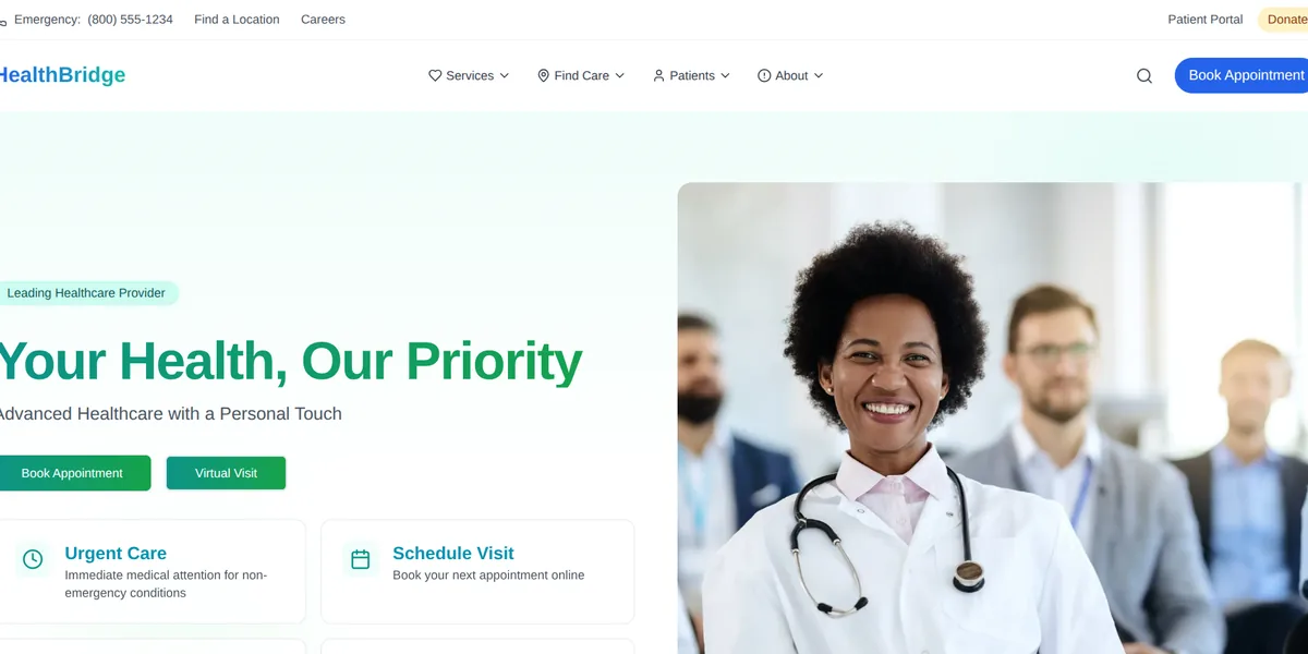 The HealthBridge Medical homepage: a green-accented hospital site with services, find-care and patient navigation, a booking call to action, and urgent-care and appointment shortcuts.