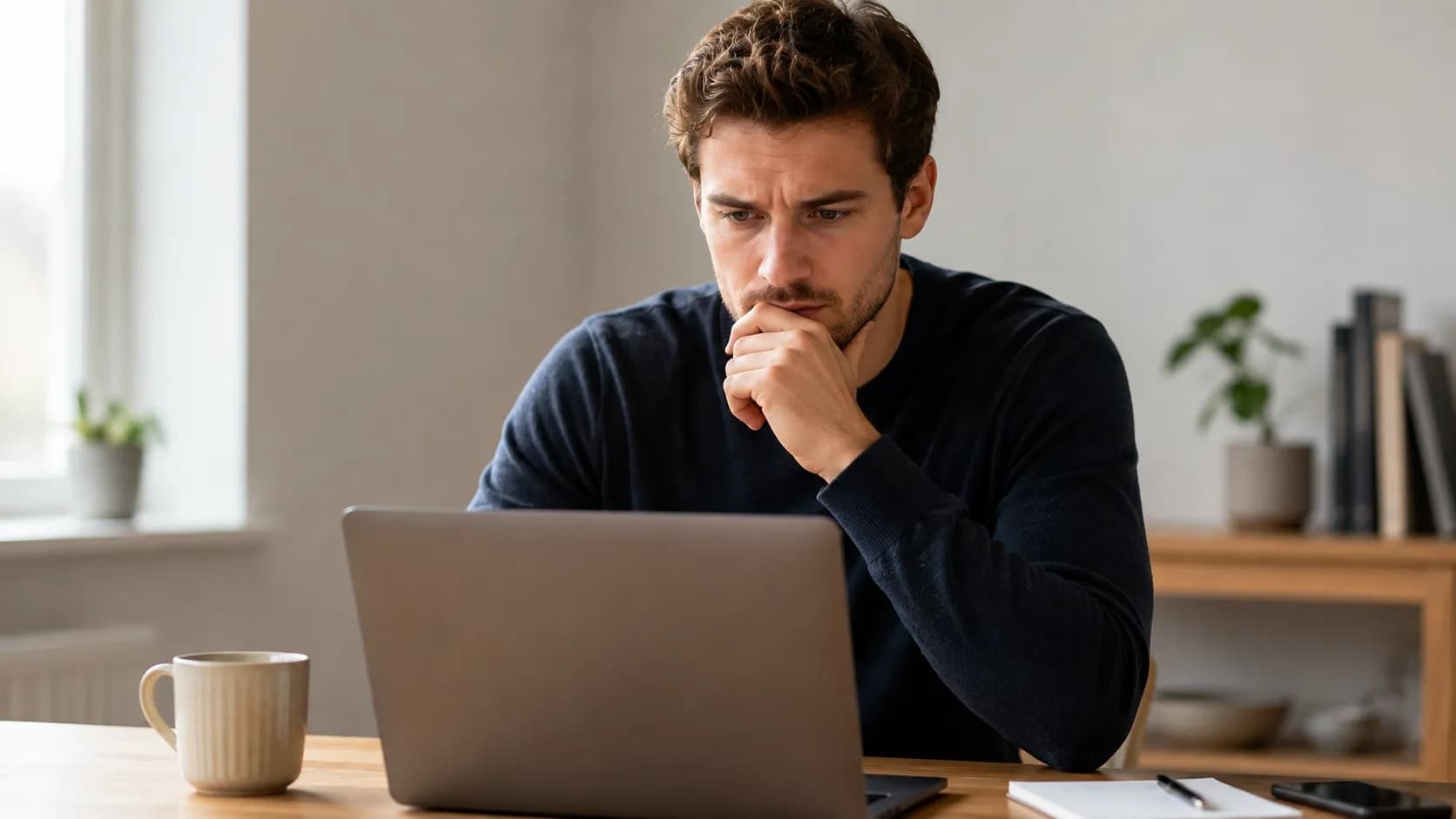 A person looking thoughtfully at a laptop screen.