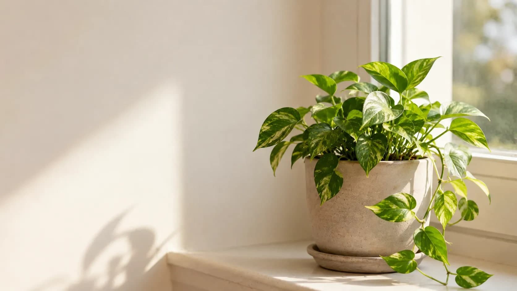 A healthy potted plant on a windowsill in soft daylight.