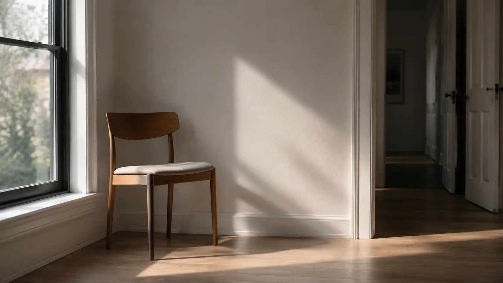 An empty chair beside a window in soft light.