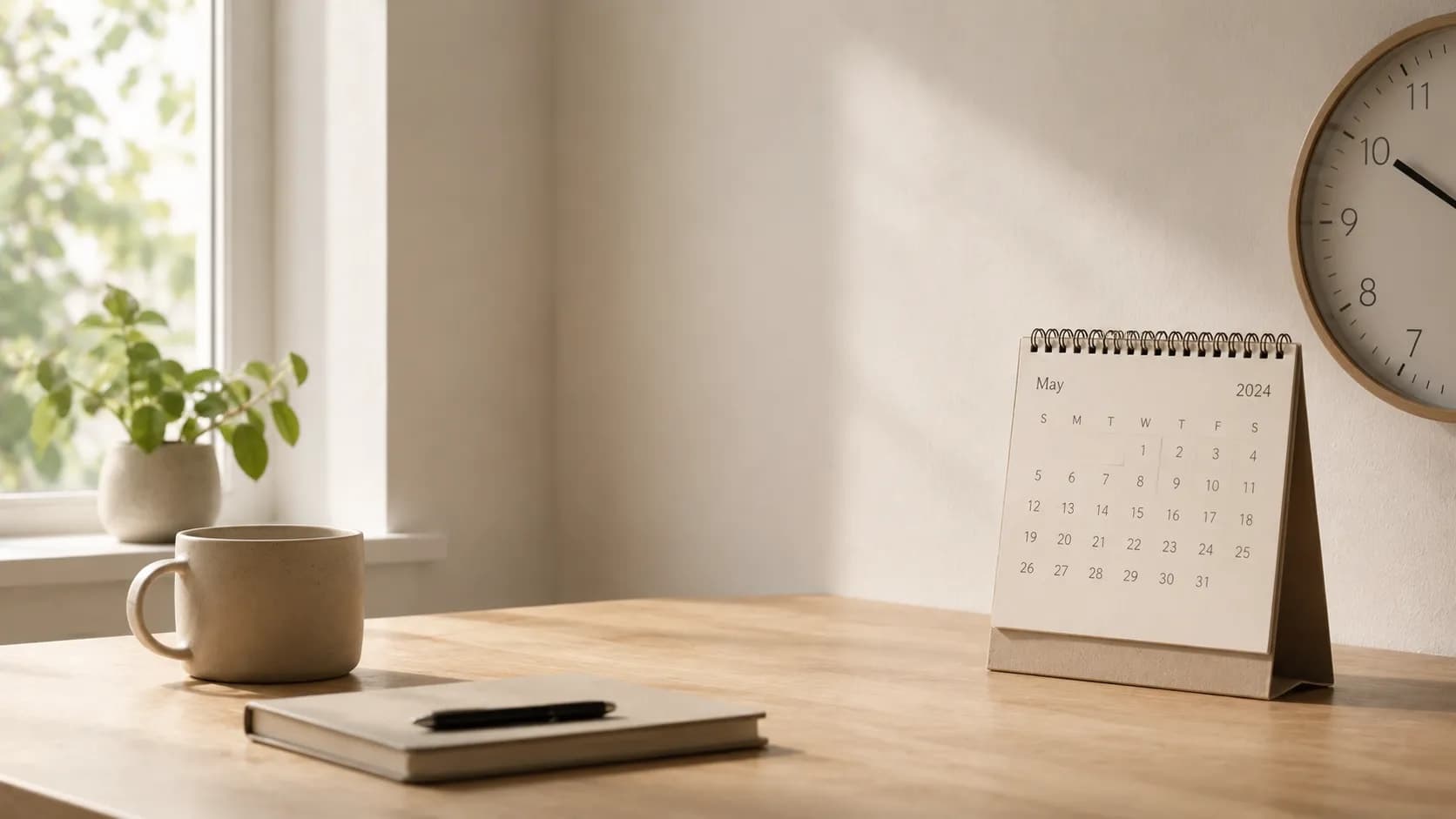 A calendar and pen on a plain desk in soft daylight.