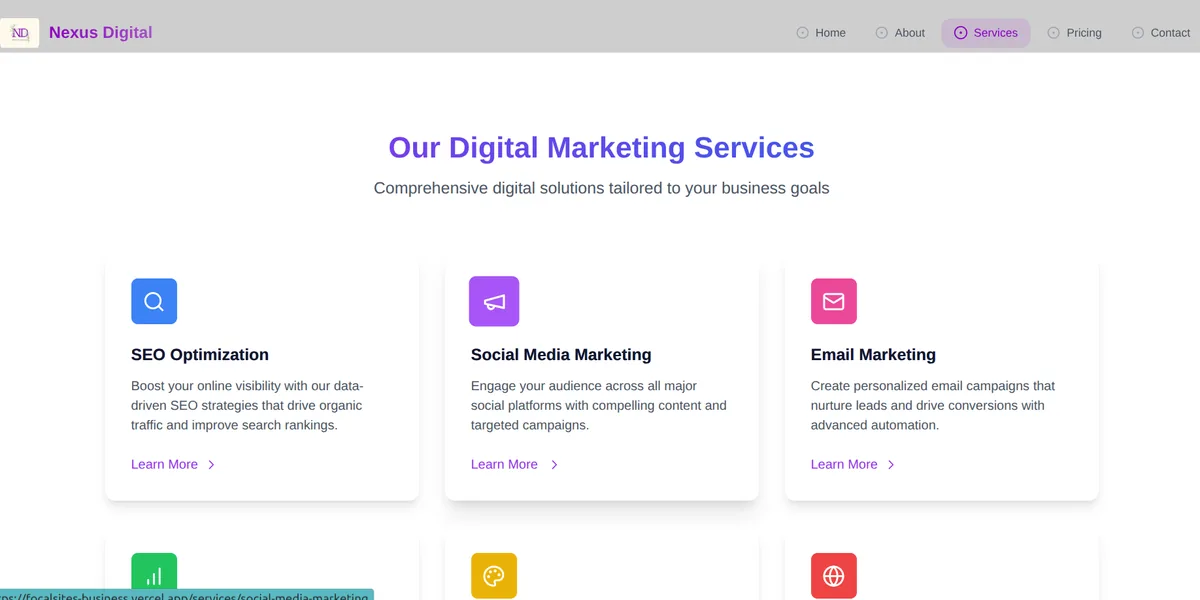 The Nexus Digital services page: a purple-accented marketing site with a grid of service cards covering SEO, social media marketing and email marketing.